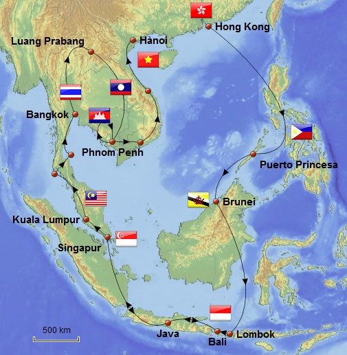 Weltreise Route in Suedostasien